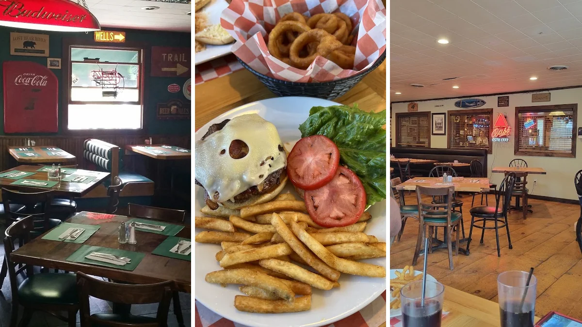 Comfort food plates on a table near the bar.