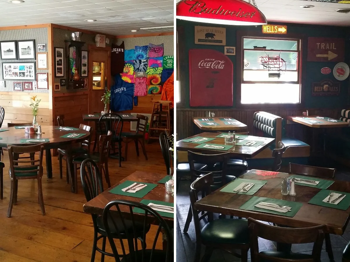 Booth seating inside a casual bar and grill.